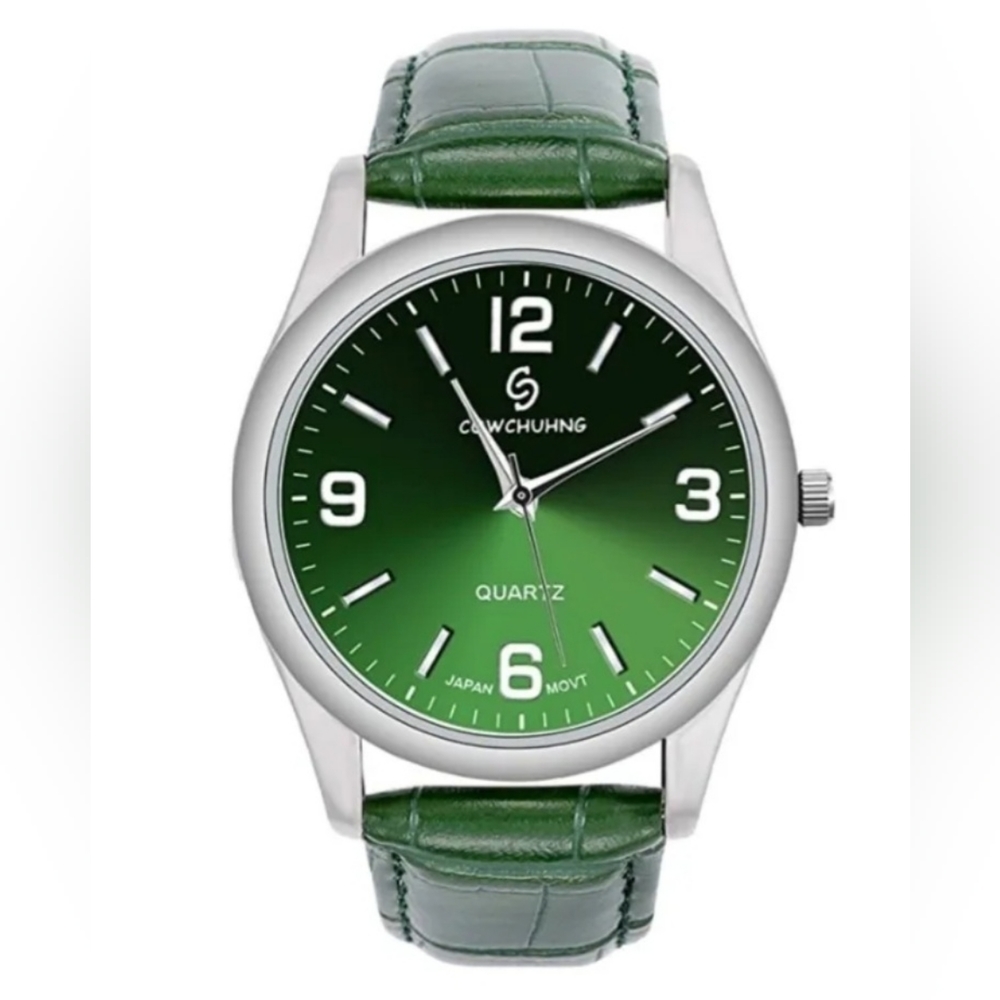 COWCHUHNG Quartz Green Analog Watch Leather Strap Stainless Steel Back
